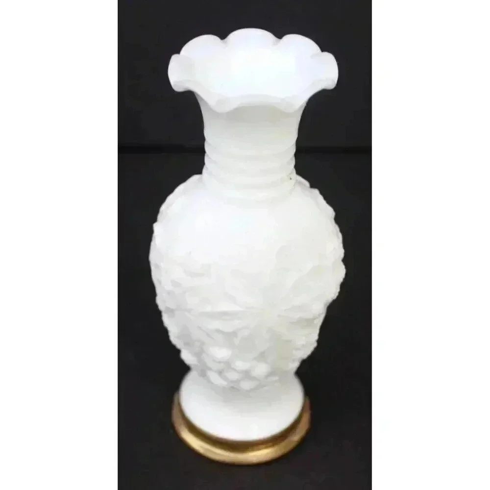 Vintage MILK Glass GRAPE Leafs Pattern Milk Glass Bud Vase Marked Gold Trim Base